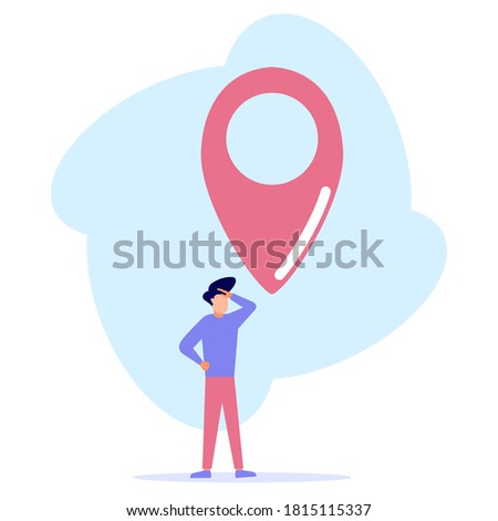 A young businessman is standing next to a large map pointer. Our office location. Vector illustration.