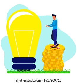 A young businessman is standing on a pile of coins next to a large backlight. Success in business, happiness and economy increases. Modern vector illustration