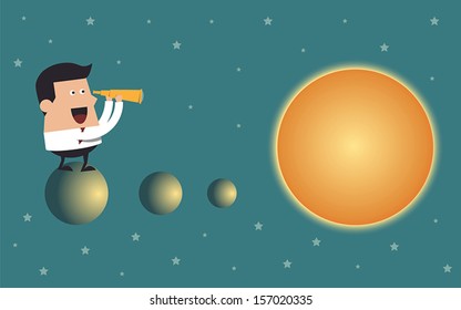 Young businessman standing on the top of the earth and looking into the sun, Business concept