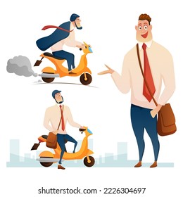 Young businessman standing to presenting traveling by motorbike, speed riding to work in cartoon character, vector illustration on white background