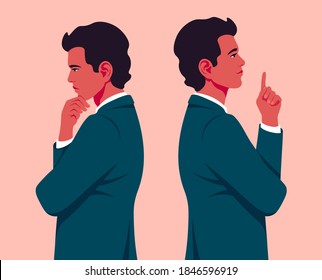 A Young Businessman Is Standing In Profile. A Hispanic Man Is Thinking And Making A Decision. Problems And Ideas In Business. Innovation And Startup. Vector Flat Illustration