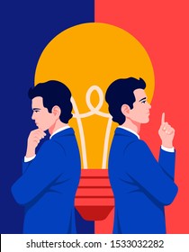 A young businessman is standing in profile. A man thinks and makes a decision. Problems and ideas in business. Innovation Difficulties in a startup. Vector flat illustration