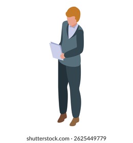 Young businessman is standing and reading information from documents
