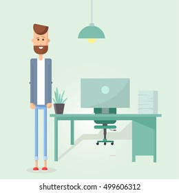 Young businessman standing at the table. Flat design vector illustration of businessman and modern office interior.