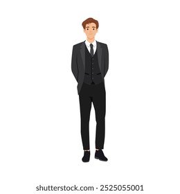 Jovem empresário de pé e vestindo terno casual formal. Ilustração de vetor plano isolada no plano de fundo branco