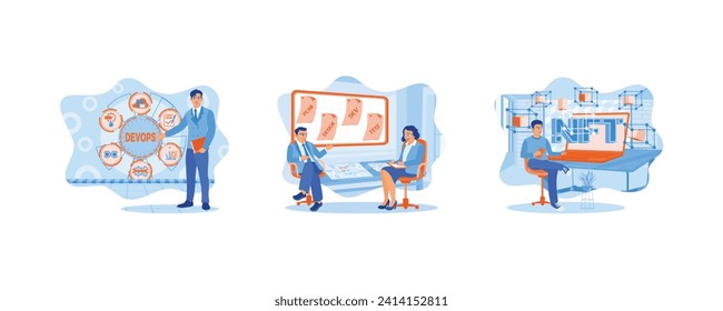 A young businessman is standing while holding a notebook. Business people and assistants sit in front of the virtual screen. Man typing on a laptop using a cell phone. set flat vector illustration.
