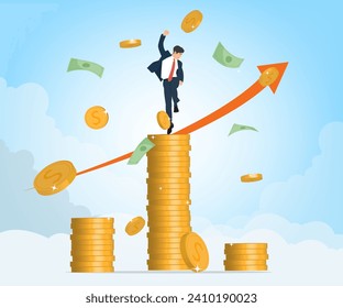 Un joven hombre de negocios se pone de pie y salta sobre una moneda de oro, encantado con el éxito de su empresa de negocios alcanzando su objetivo, ilustración vectorial, concepto de negocios, finanzas, inversión.