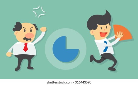 Young Businessman Steal And Take Away Market Share Pie Chart From Angry Old Businessman Flat Design Vector