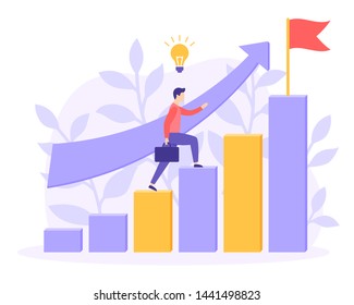 Young businessman or student climbs up the steps to the finish.. Implementation Business Ideas banner. Startup development modern graphic design poster. People design creative vector illustration