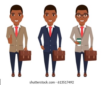 Young businessman in a suit. African-American. The guy is holding the briefcase. The guy standing with a coffee. Thumb up. Happy guy.