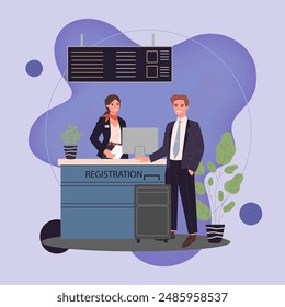 Young businessman in suit at airport registration desk. Male traveler waiting for check in to his flight. Vector illustration for travel, vacation, departure, boarding concept