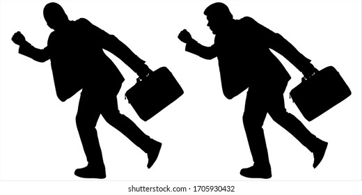A young businessman in a suit with a briefcase in his hand runs. One person runs after another person. Pursuit. Chasing. Two black silhouettes on a white isolated background. Side view, profile.