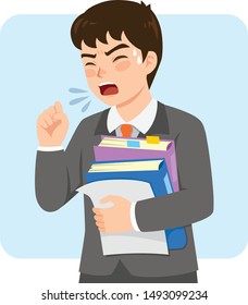 Young Businessman In A Suit Coughing At Work While Holding Office Folders