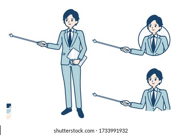 A young Businessman in a suit with Explanation with a pointing stick image.
It's vector art so it's easy to edit.
