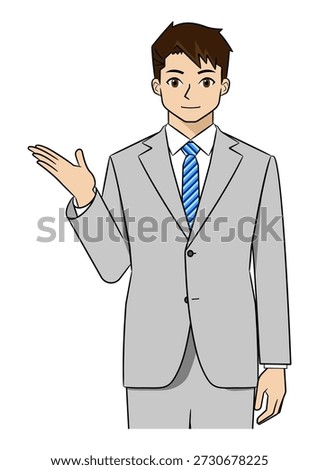 Young Businessman in Suit Gesturing with Right Open Palm for Guidance – Upper Body