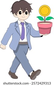 A young businessman in a suit holding a flower pot with a growing golden coin plant, representing financial growth and success