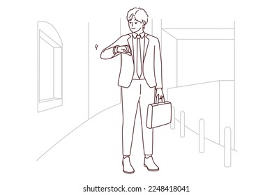 Young businessman in suit look at watch checking time. Male employee or worker think of meeting deadline or missing appointment. Time management. Vector illustration. 