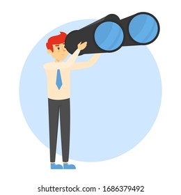 Young businessman in the suit looking through the binocular vector isolated. Professional manager planning strategy and moving towards success