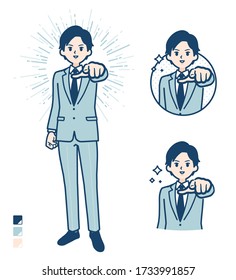 A young Businessman in a suit with Pointing to the front images.
It's vector art so it's easy to edit.

