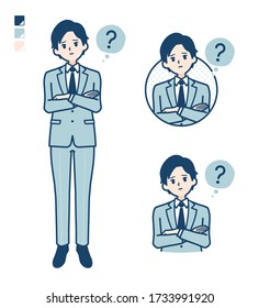 A young Businessman in a suit with Question images.
It's vector art so it's easy to edit.
