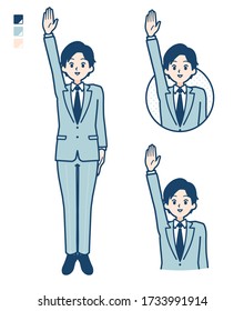 A young Businessman in a suit with raise hand images.
It's vector art so it's easy to edit.

