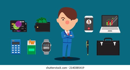 Young businessman in suit standing with laptop computer, briefcase, pen, ID card, pocket money in cartoon style for graphic designer, vector illustration