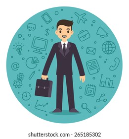 Young businessman in suit with suitcase surrounded by a pattern of business related symbols. Flat cartoon style vector.