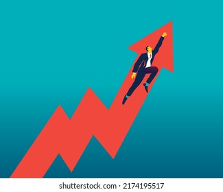 A young businessman in a suit and tie flies by making the sales graph grow. Freelance, Career and manager concept. Superhero businessman. Vector business illustration.