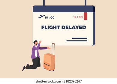 Young businessman with suitcase disappointed by flight delay. Late concept. Colored flat Vector Illustration.