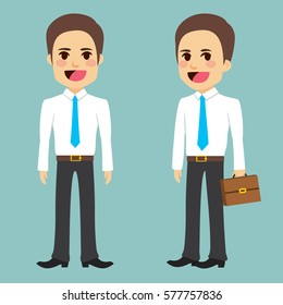 Young businessman with suitcase front and side view wearing suit