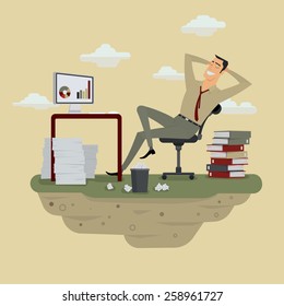 Young businessman in sunny meadow nature office relaxing behind table, vector illustration.