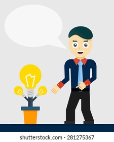 Young businessman talking about his new idea. Growing light bulbs, startup concept. Vector flat design