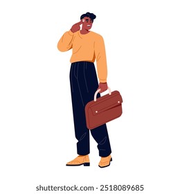 Young businessman talks by phone call with headphones. Black business man communicates by headset. Person holds briefcase, carries case in hand. Flat isolated vector illustration on white background