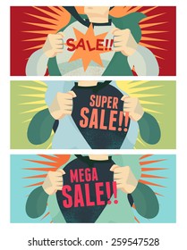 young businessman tearing his shirt off with sell banner in different color set
