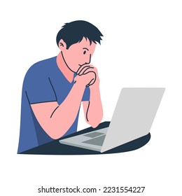Young businessman thinking in front of his laptop, employee working using laptop at the office, freelancer at home, illustration vector flat style.