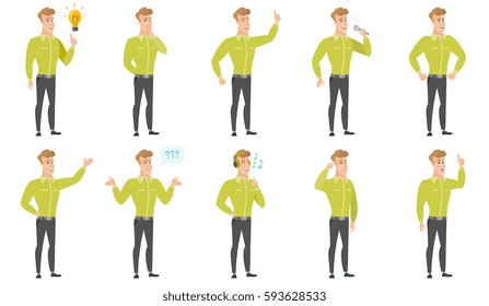 Young businessman thinking. Full length of thinking businessman with hand on chin. Businessman thinking and looking to the side. Set of vector flat design illustrations isolated on white background.