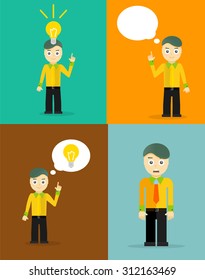 Young businessman thinking of his ideas. Set of flat design concepts. Vector illustration Young businessman thinking of his ideas. Set of flat design concepts. Vector illustration