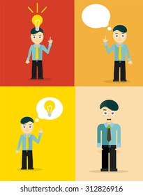 Young businessman thinking of his ideas. Set of flat design concepts. Vector illustration