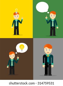 Young businessman thinking of his ideas. Set of flat design concepts. Vector illustration