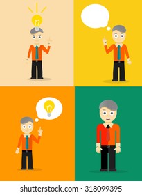 Young businessman thinking of his ideas. Set of flat design concepts. Vector illustration