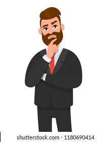 Young businessman thinking something and crossed arm and holding index finger on jaw. Thoughtful businessman looking up thinking concept. Emotion and body language concept in cartoon vector style.