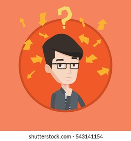 Junge Geschäftsleute denken unter Fragezeichen und Pfeilen. Umsichtiger Geschäftsmann mit Fragezeichen. Business-Thinking-Konzept. Vektorflache Design-Illustration im Kreis einzeln auf Hintergrund.