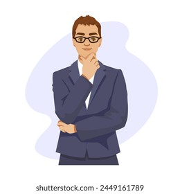 Young businessman in thoughtful pose, cartoon style, on plain background, concept of professional contemplation, Vector illustration. Vector illustration