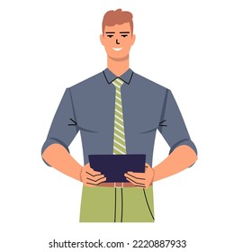 Young businessman in a tie and shirt holds a tablet computer or folder in his hands. Office worker, manager uses a tablet, reports. Vector illustration isolated on white background. Flat style.