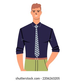 Young businessman in a tie and shirt. The man keeps his hand in his pocket and smiles. Office manager isolated on white background. Flat vector.