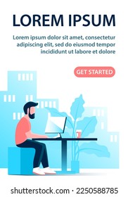 Young businessman in tie works in the office. Sits at the table with a laptop. Concept work and business. Design for poster, banner, website. Vector illustration