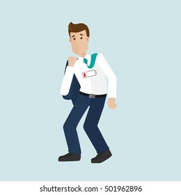 A young businessman tired after work, needs a vacation, workaholic, the battery is dead, no energy. The man is tired after a long day at work.Vector illustration in flat style.