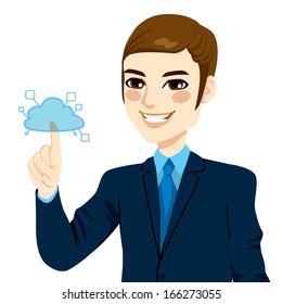 Young businessman touching cloud computing services concept illustration isolated on white background