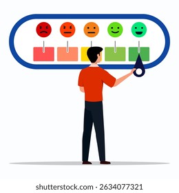 Young businessman trying to push customer feedback bar to be excellent smile. Customer feedback giving rating based on experience or quality from product and service.