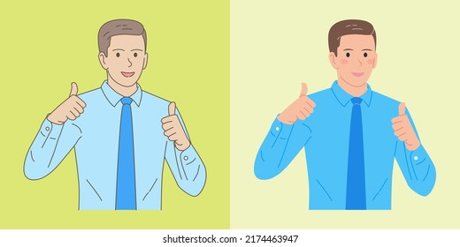 young businessman with two thumbs up hand gesture, with flat and outline style illustrations